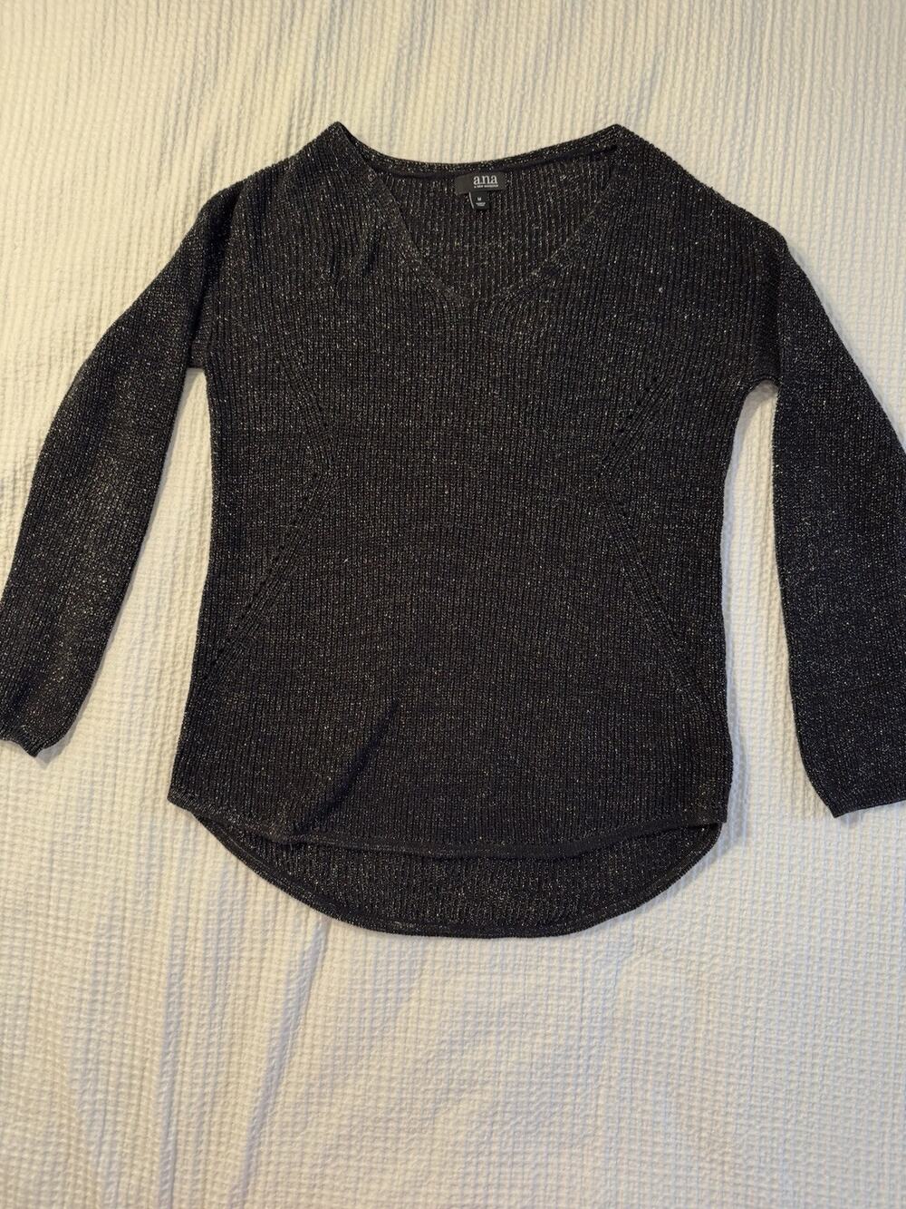 Ana Black Sweater Metallic Knit V Neck Medium Fancy Holiday Dark Academia